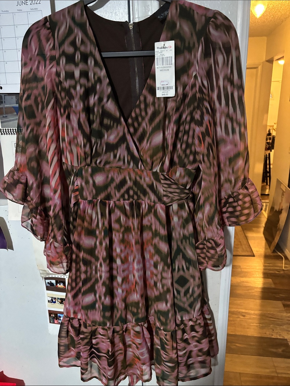 Buckle Pink and Olive Abstract Ruffle Midi Dress- P2P 16, waist 15, length 26